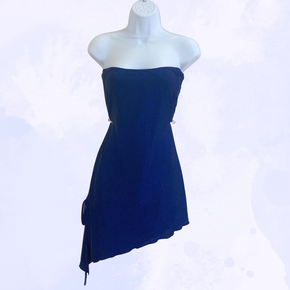 Blue Sparkly Strapless Mini Dress with Side Ties - Picture 1 of 1